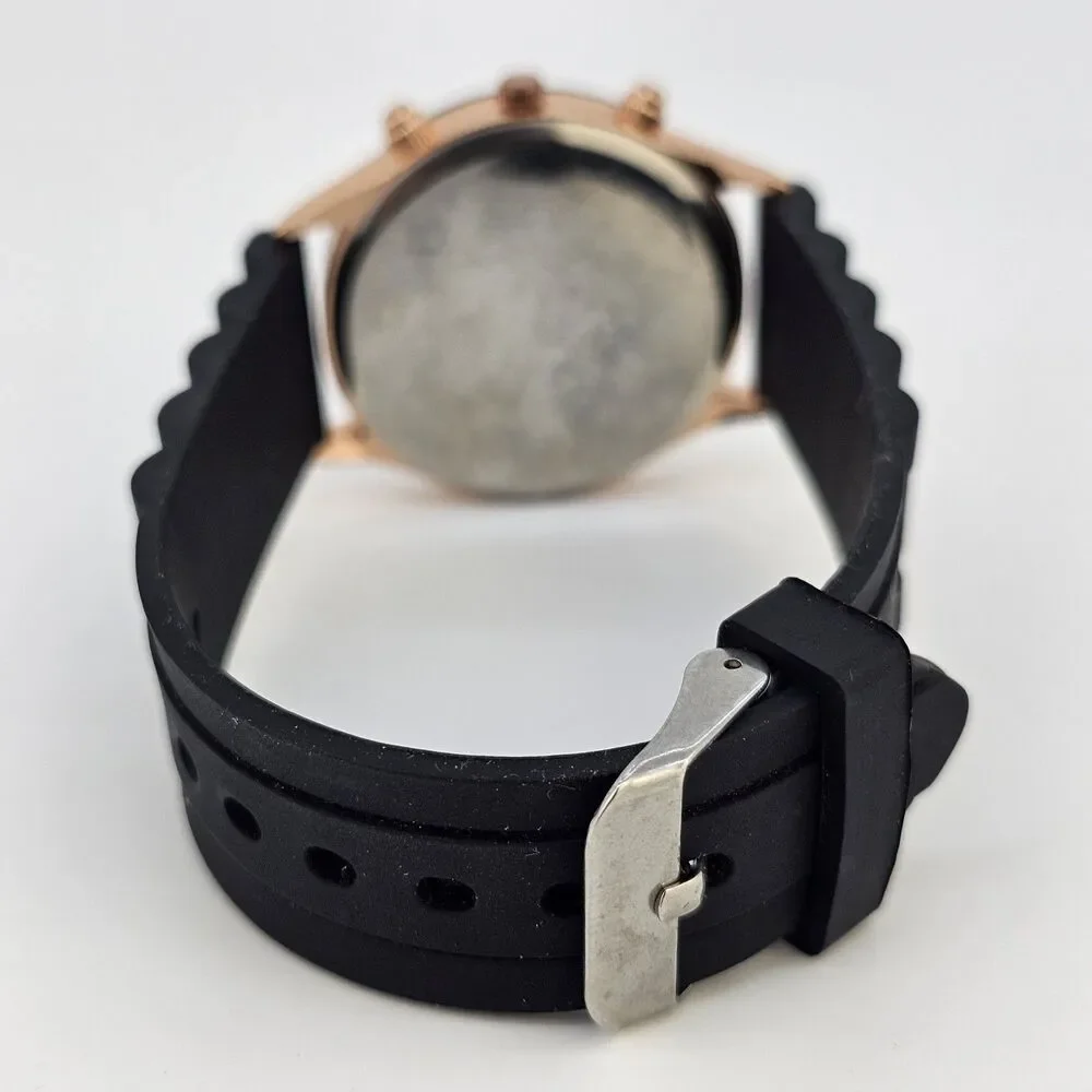 38MM Women's Watch Analog 38MM Black Dial Gold Case Black Plastic Bands New Batt
